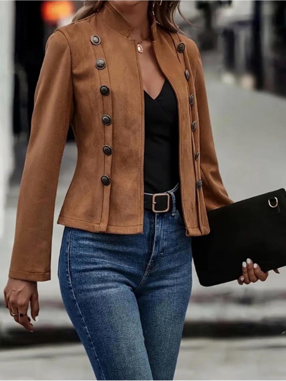Women's Double-Breasted Faux Suede Coat with Decorative Buttons